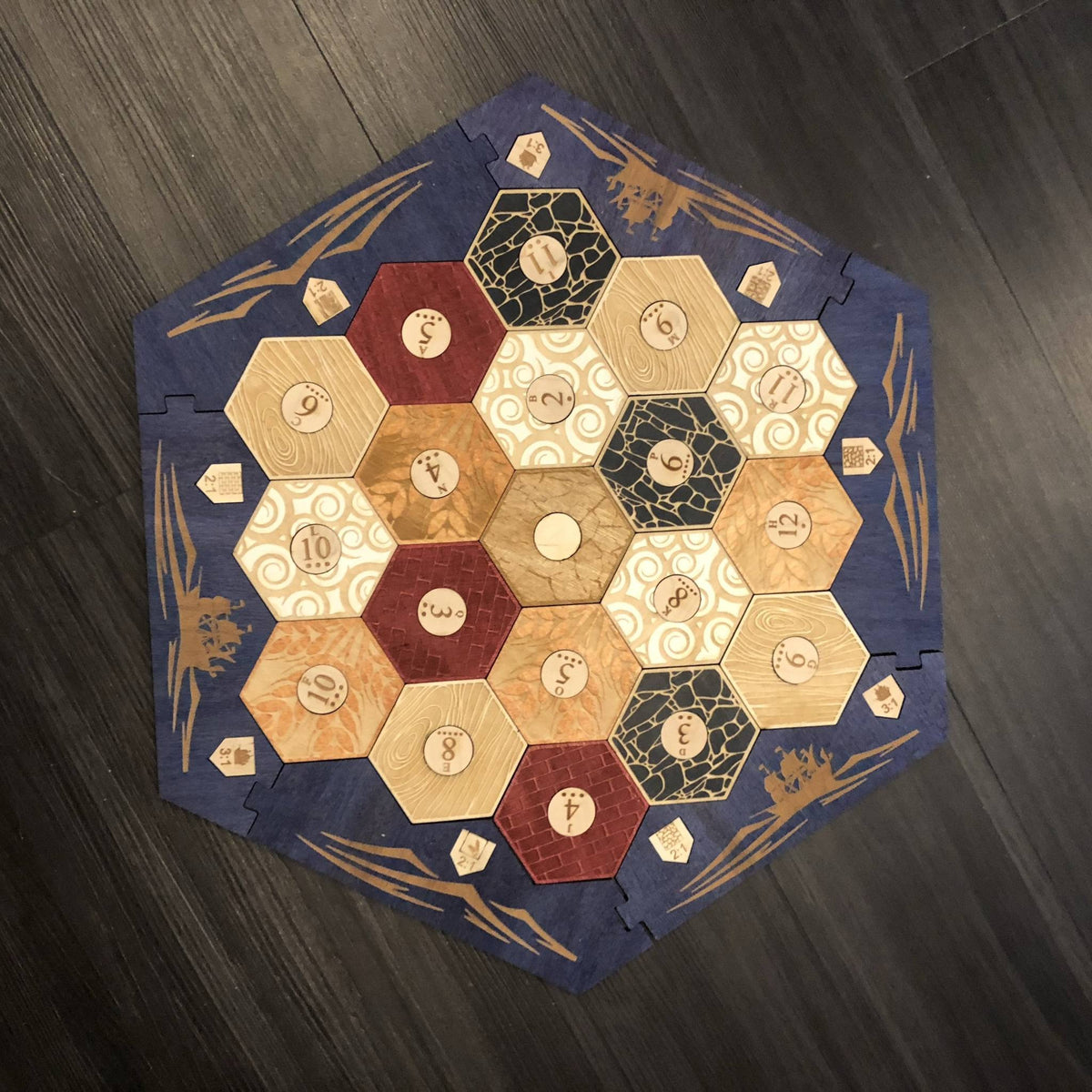 Blue Stained Catan Compatible Board Set with Laser Etched Terrain, Border and Number Pieces – Thorn & Thimble