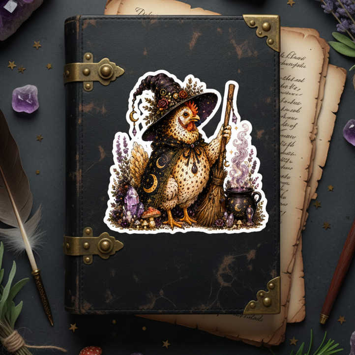 Chicken Witch Broom Sticker