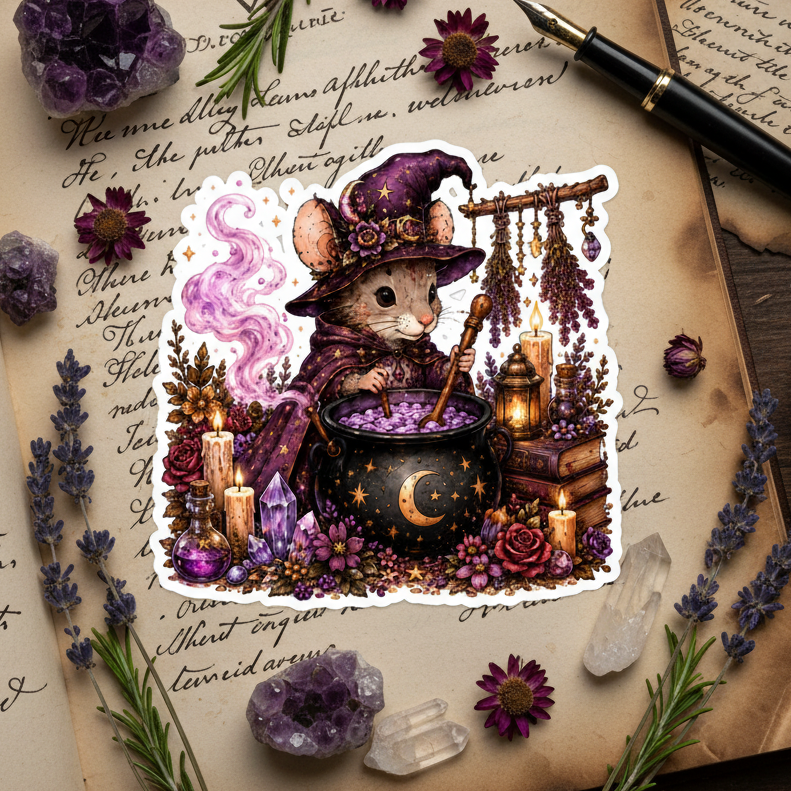 Mouse Witch Cauldron Sticker