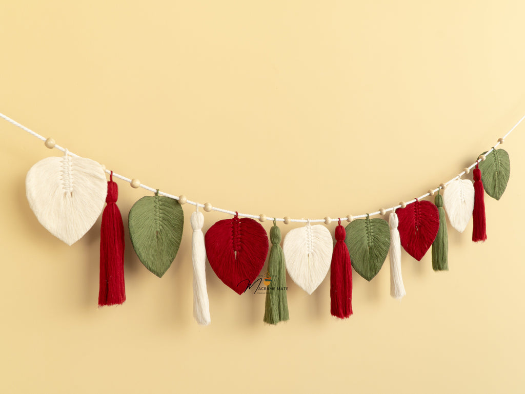 Macrame Leaf Garland Wall Hanging with Tassel Accents