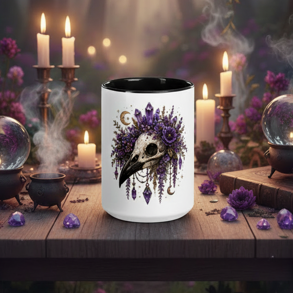 Raven Skull Mug with Color Inside